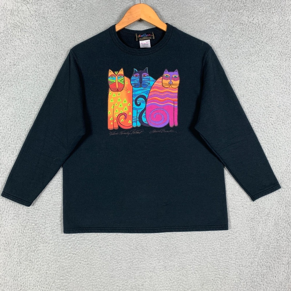 Vintage 80s Laurel Burch Sweatshirt Adult Medium Black Feline Friends Cat Art